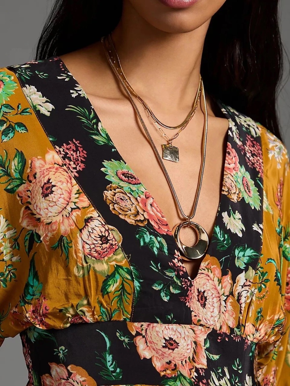 Anthropologie Mustard and Green Floral V-Neck Maxi Dress - Picture 3 of 13